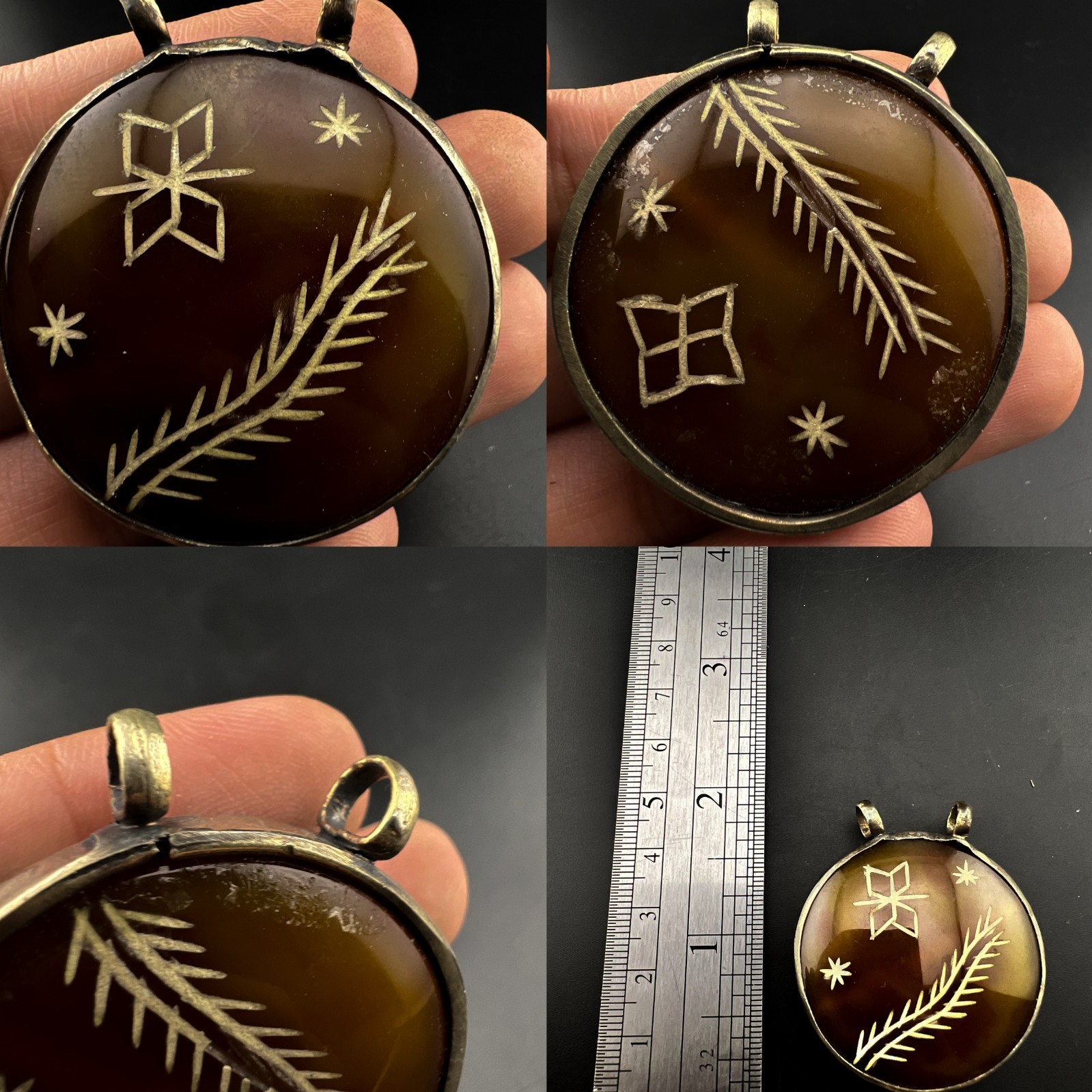 Pendant Leaf Star Motif Silver Tone Art Vintage Artisan Etched Brown Agate