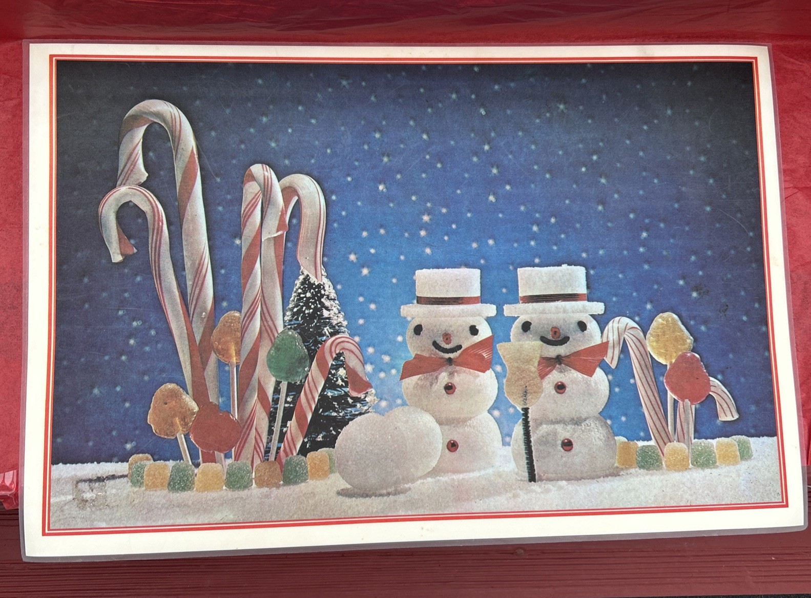Vintage Plastic Placemat Candy Snowmen Winter Vintage Plastic Placemat Candy Snowmen Winter