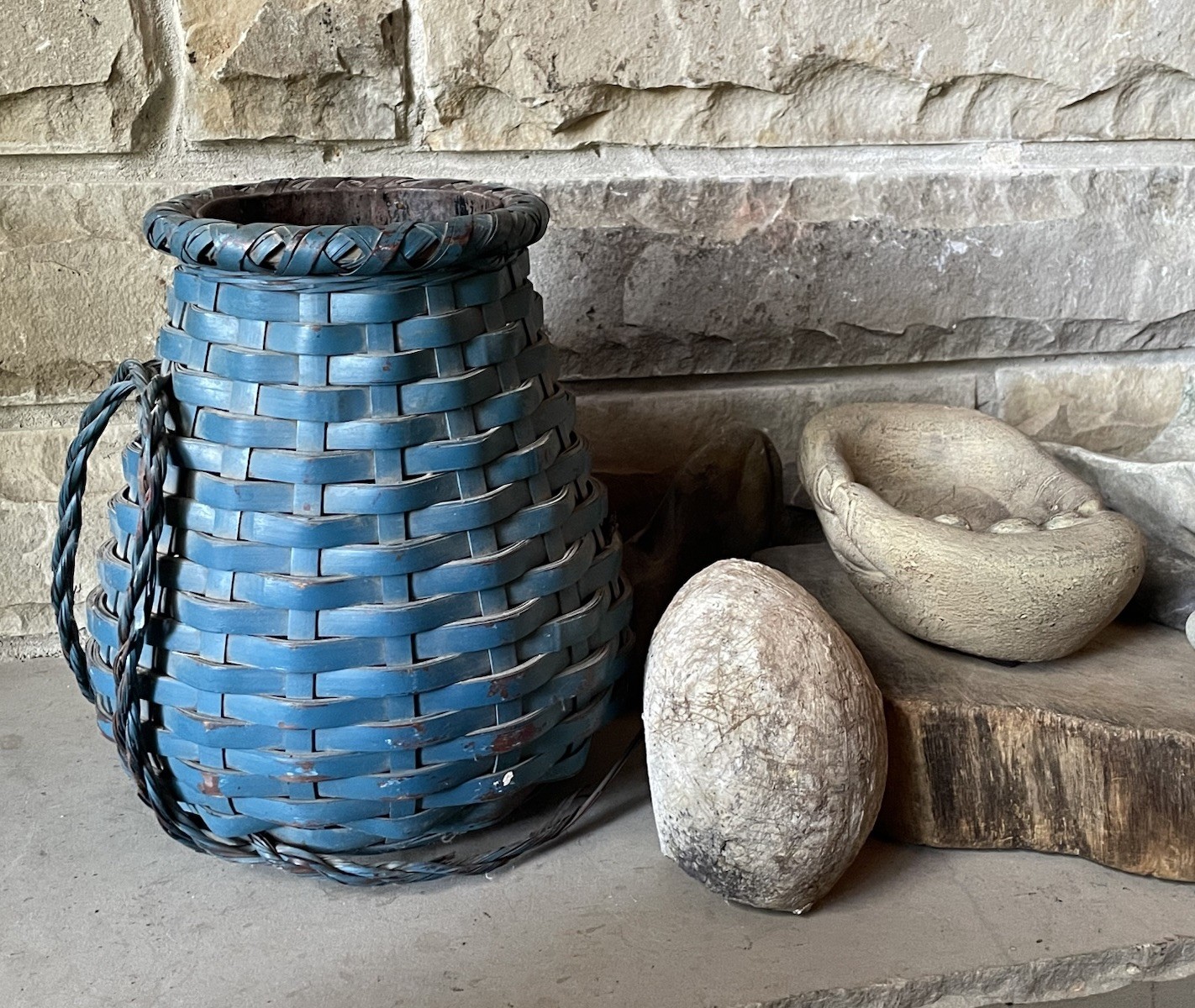 Antique Blue Painted Woven Wood Splint Basket 12” Metal Liner Primitive Folk Art