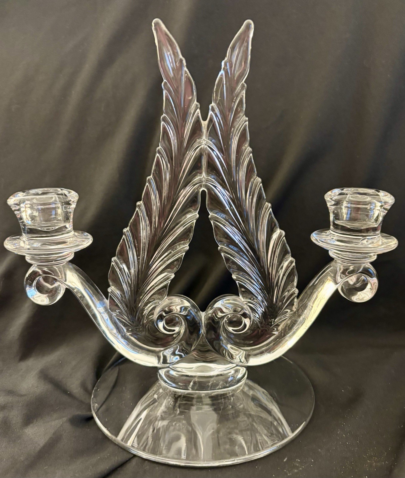 MCM Fostoria Art Deco Stylized Plume Feather Glass Dual Candleholder
