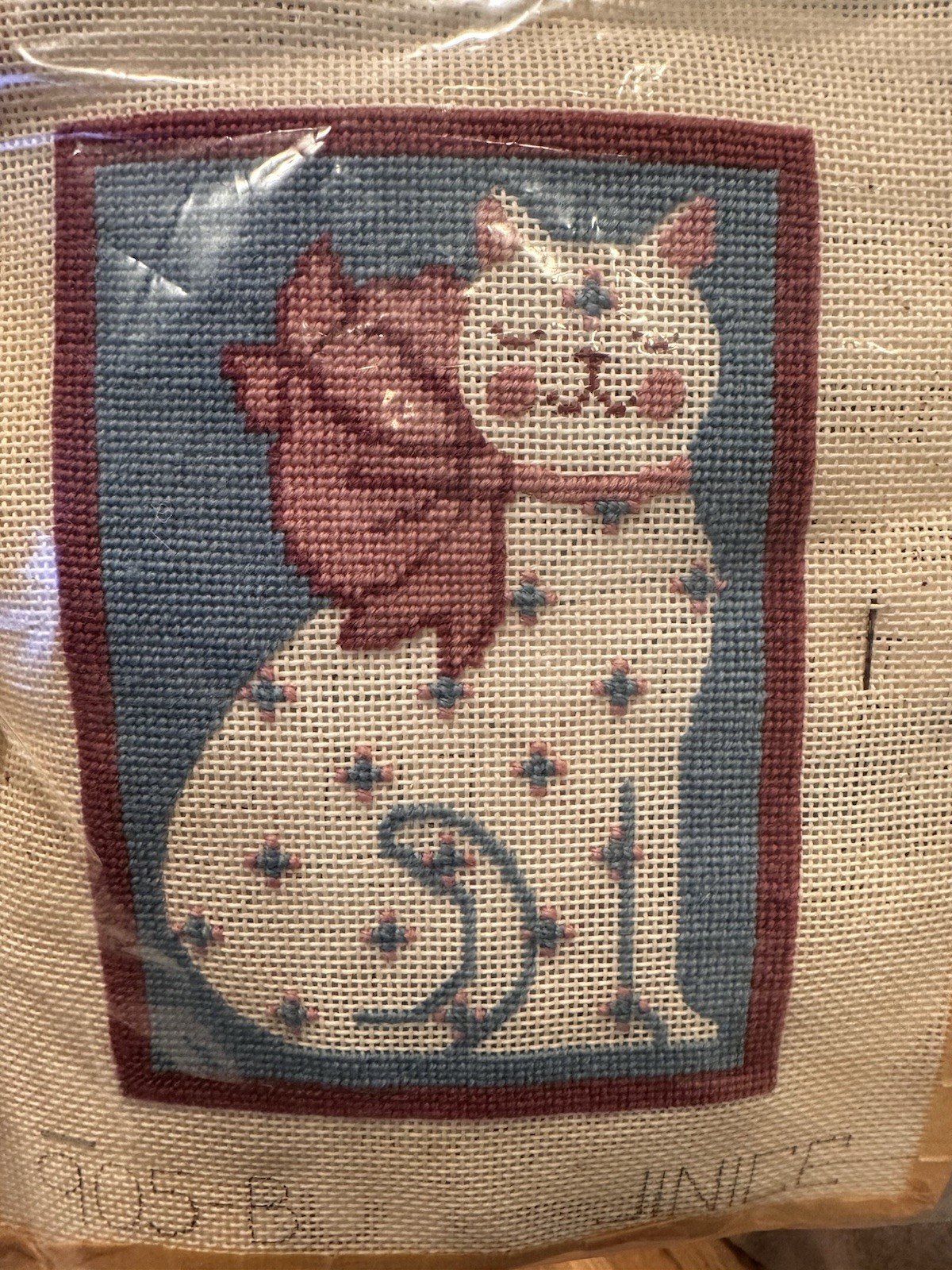 Vintage Beautiful Cat Kitten Pre Worked Needlepoint Canvas  Big Bow Rare