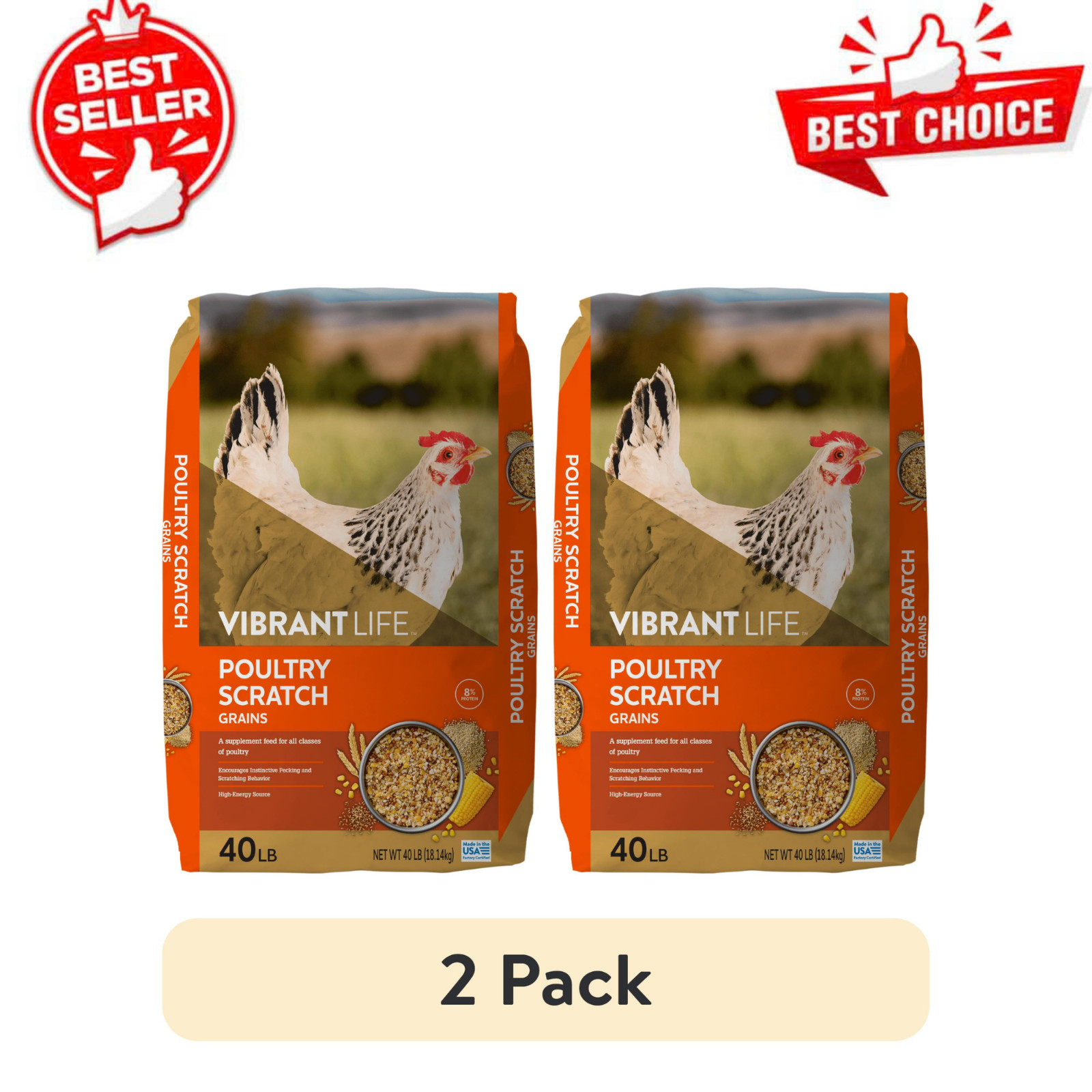 Vibrant Life Poultry Scratch Grains 40 Lb High Energy Chicken Feed, 2 Pack