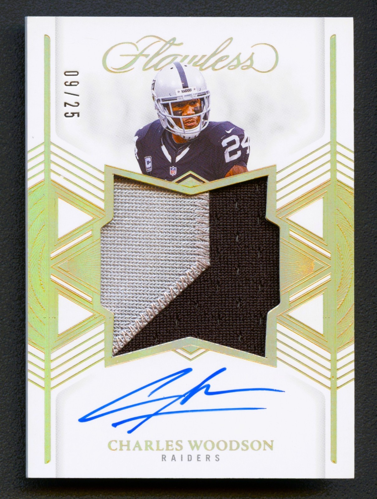 CHARLES WOODSON 2025 PANINI FLAWLESS GOLD RAIDERS PATCH AUTO AUTOGRAPH /25