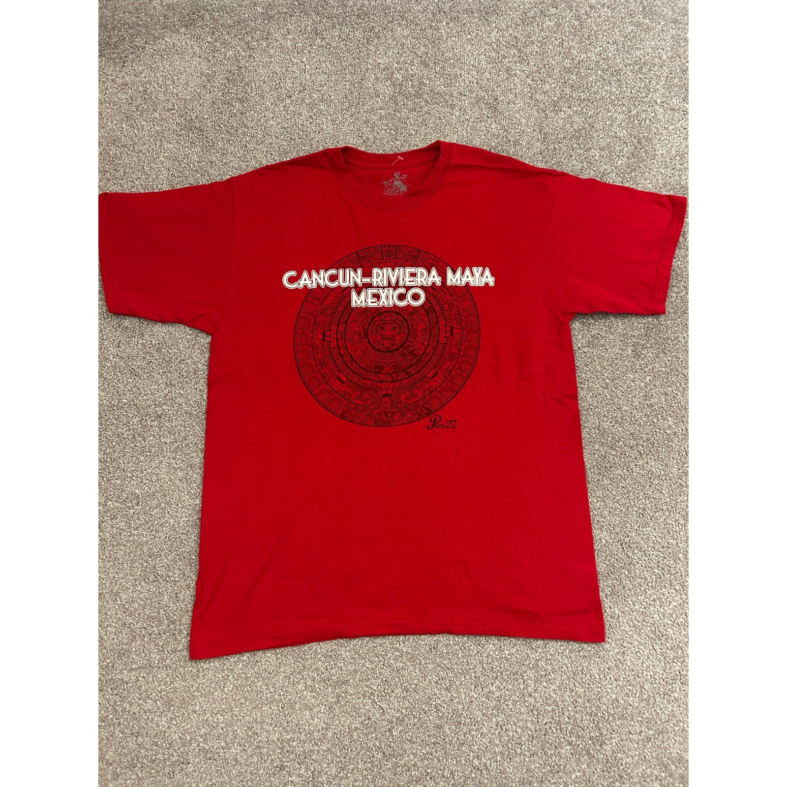 Pier 27 Cancun Riviera Maya Mexico T-Shirt Mens Large Red Excellent Aztec Print