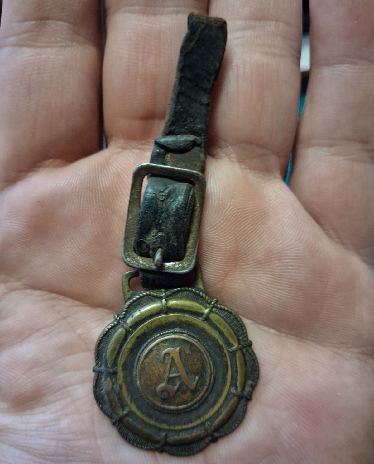 Antique Brass Monogram A Pocket Watch Fob Original Leather Strap Buckle 1910s