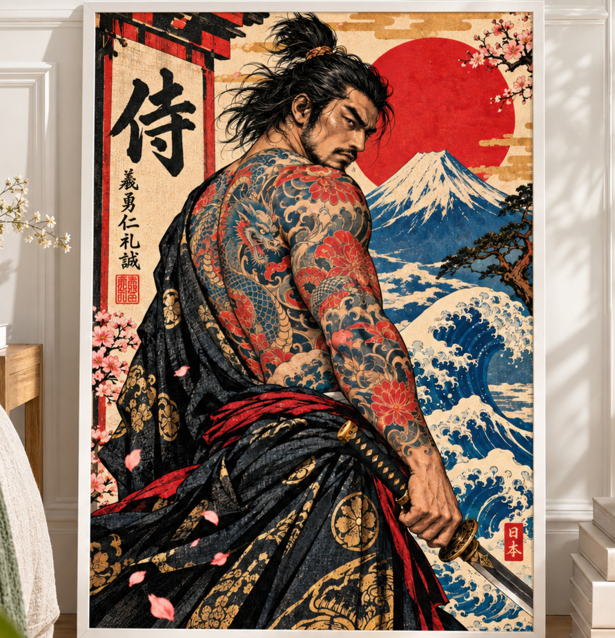 Japanese Samurai Tattoo Art Unframe Poster Vintage Mt Fuji Red Sun Wall Decor