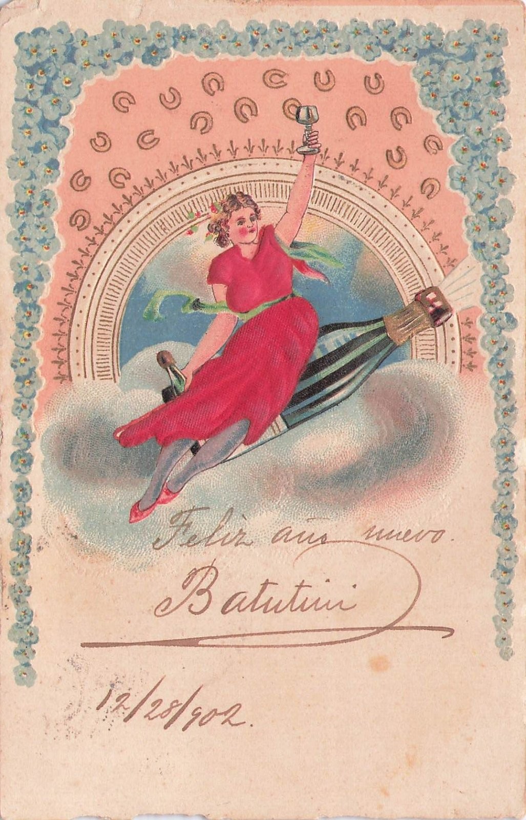 Feliz Ano Nuevo Woman Champagne Bottle New Year Embossed Postcard 1902 Feliz Ano Nuevo Woman Champagne Bottle New Year Embossed Postcard 1902