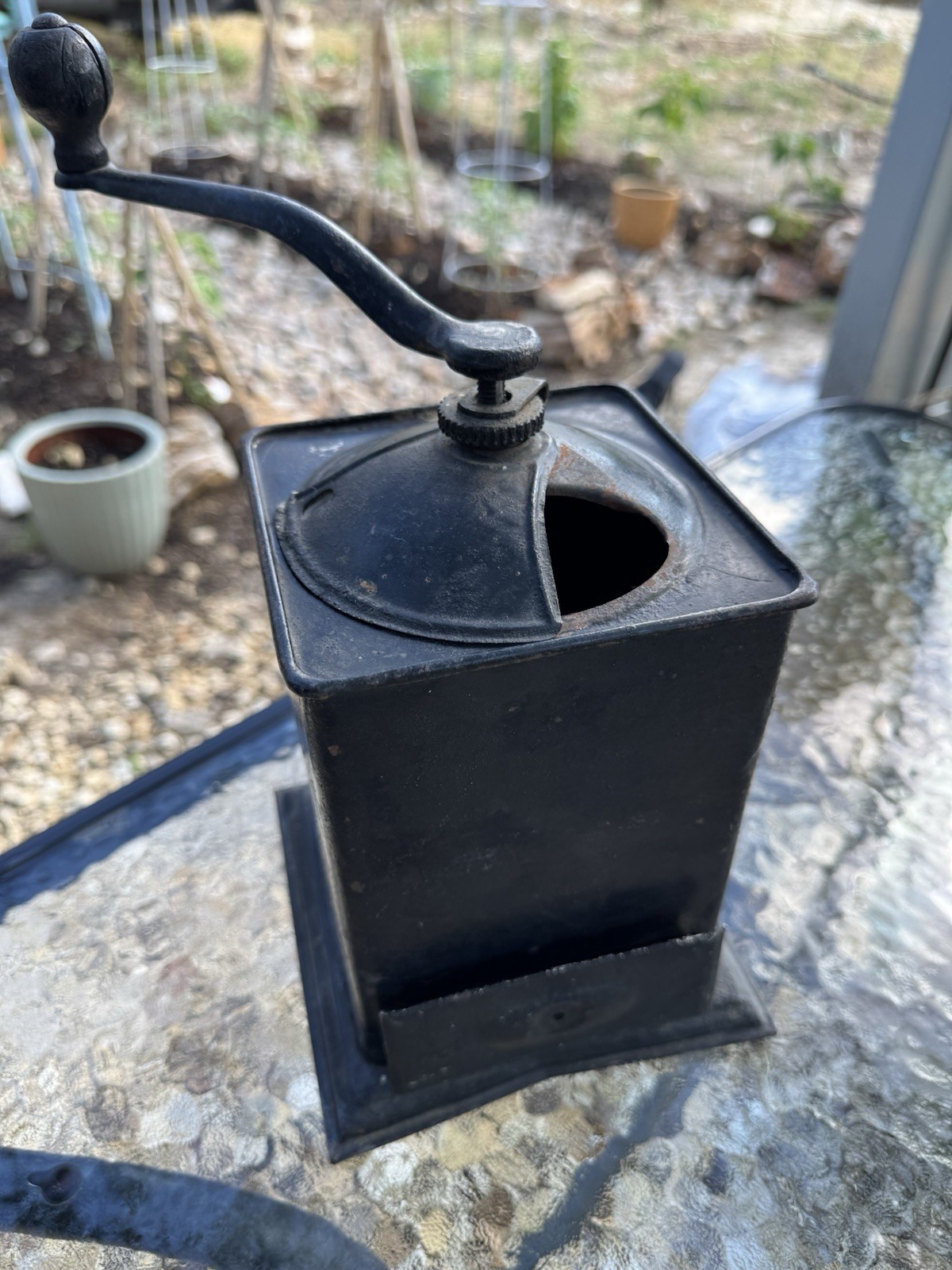Manual Hand Crank Coffee Grinder, Black Metal Box with Drawer  antique 1905