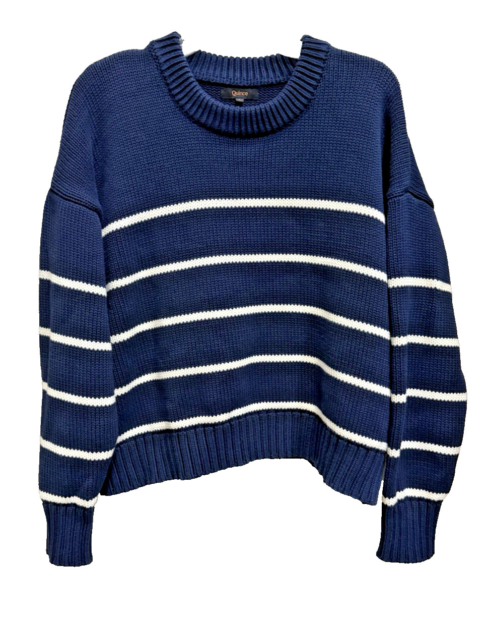 Quince Knit 100% Organic Cotton Striped Crew Neck Sweater Navy White L Fisherman Quince Knit 100% Organic Cotton Striped Crew Neck Sweater Navy White L Fisherman