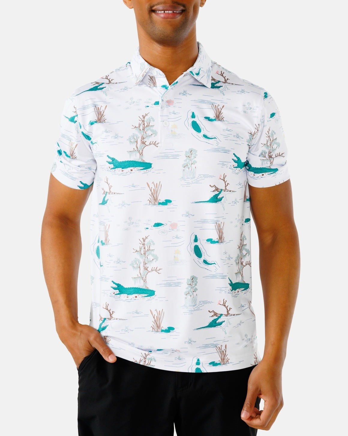 Waggle Water Hazard Men\'s Alligator Graphic Print Stretch Polo White Size S Waggle Water Hazard Men\'s Alligator Graphic Print Stretch Polo White Size S