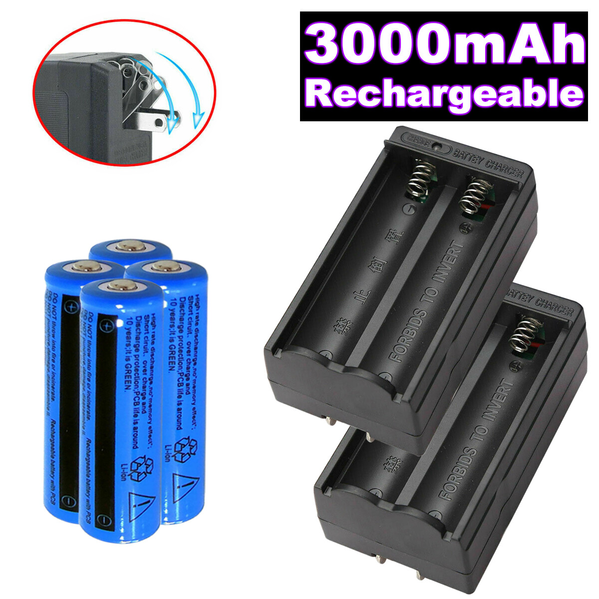 4Pcs 18650 Rechargeable Batteries +2Pcs Dual Charger For Flashlight Multipurpose 4Pcs 18650 Rechargeable Batteries +2Pcs Dual Charger For Flashlight Multipurpose