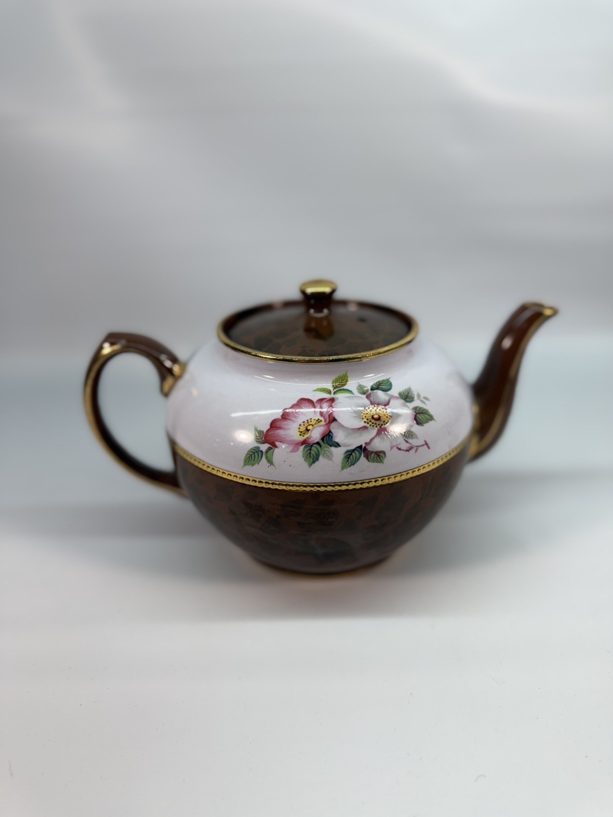 Vintage Sadler England Teapot Brown w Pink & White Roses with Gold Accent Signed Vintage Sadler England Teapot Brown w Pink & White Roses with Gold Accent Signed