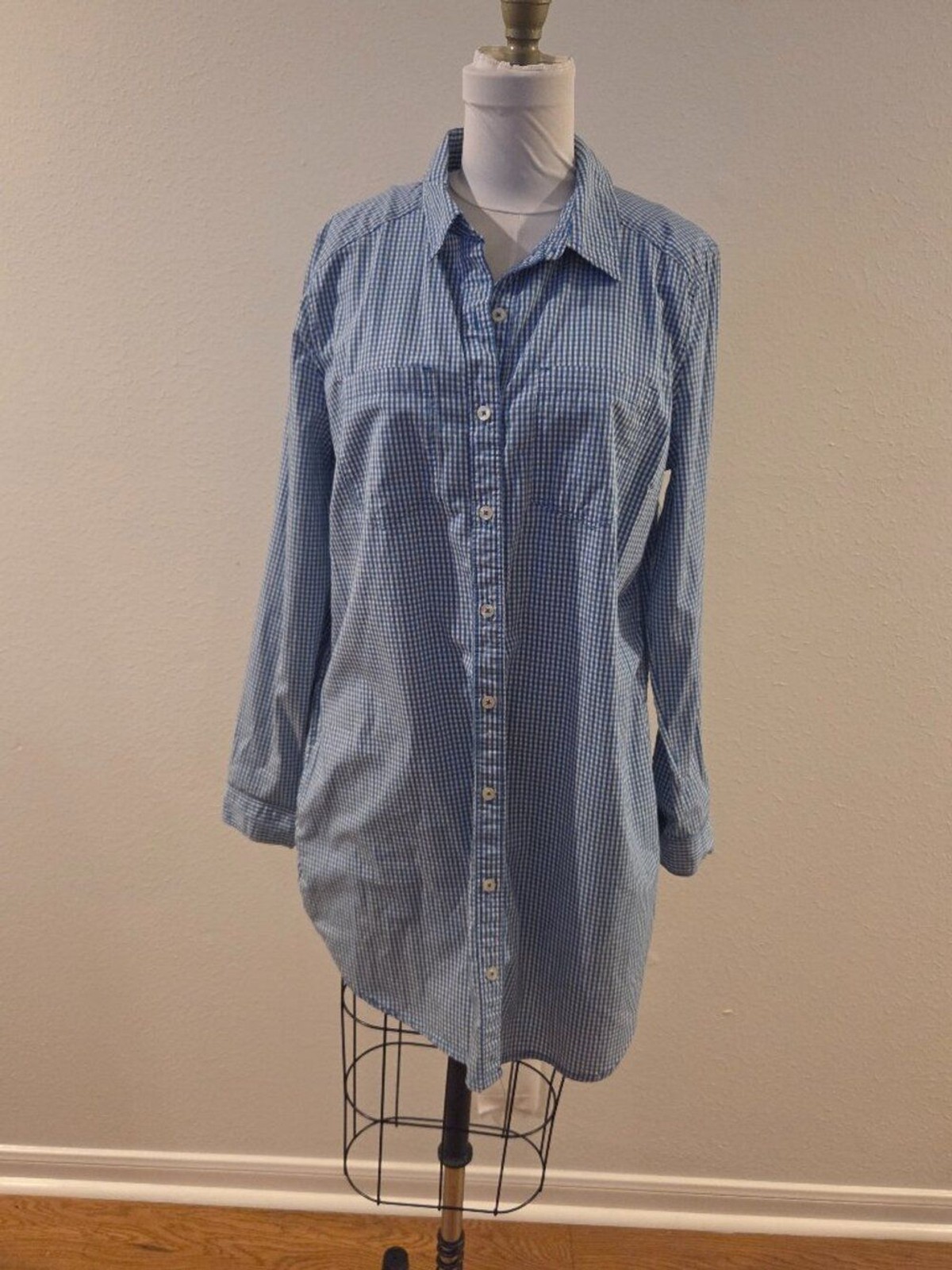 Forever 21 Blue & White Gingham Button Front Shirt Size Large
