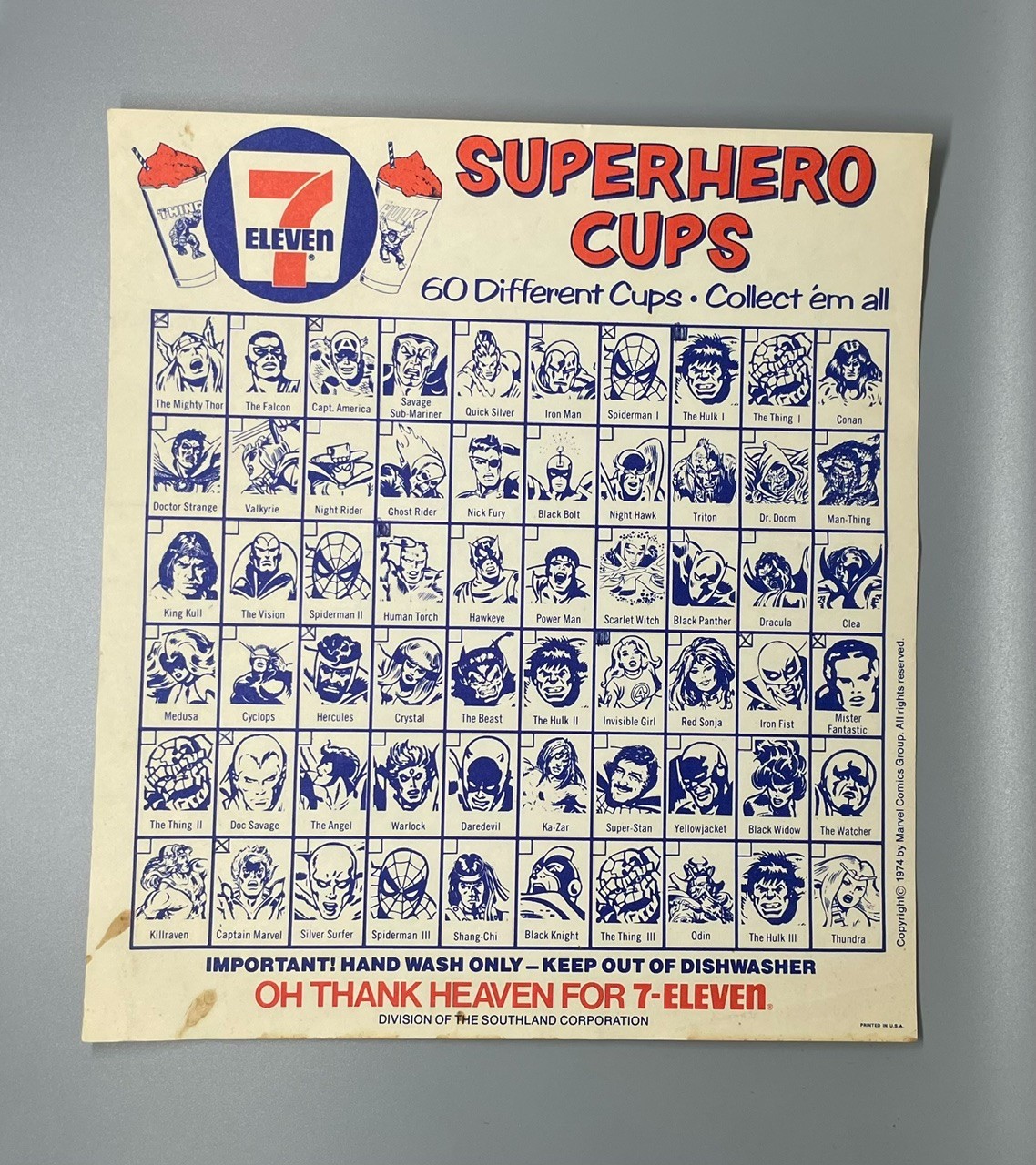 Vintage 7-11 7-Eleven Slurpee Cup:  1975 MARVEL CHECKLIST (ORIGINAL)