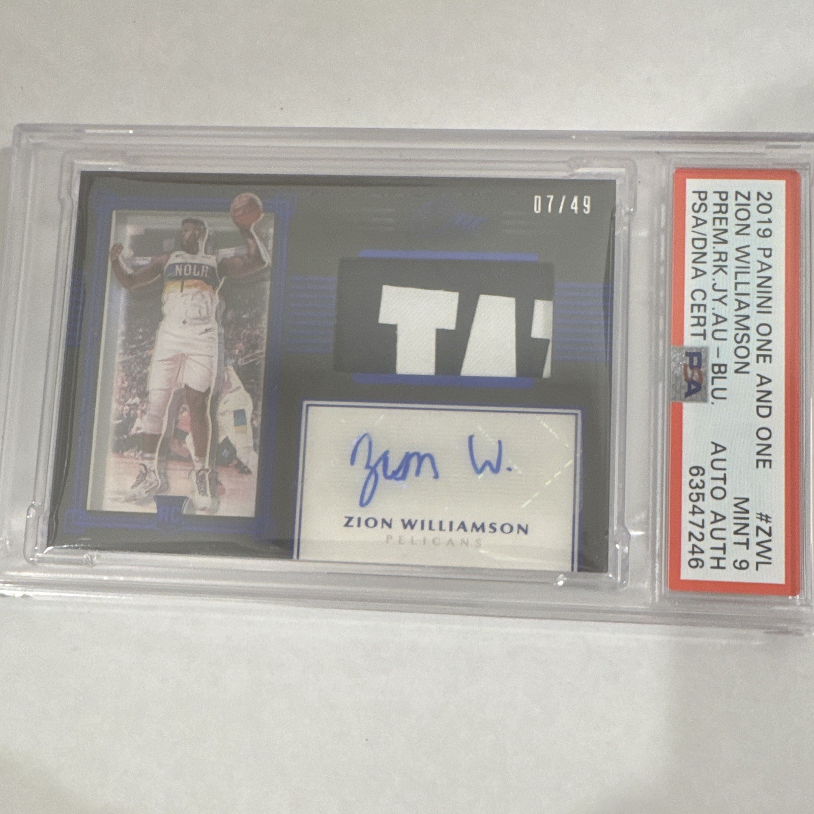 2019-20 Panini One and One Zion Williamson Rookie Jersey Auto RPA RC /49 PSA 9