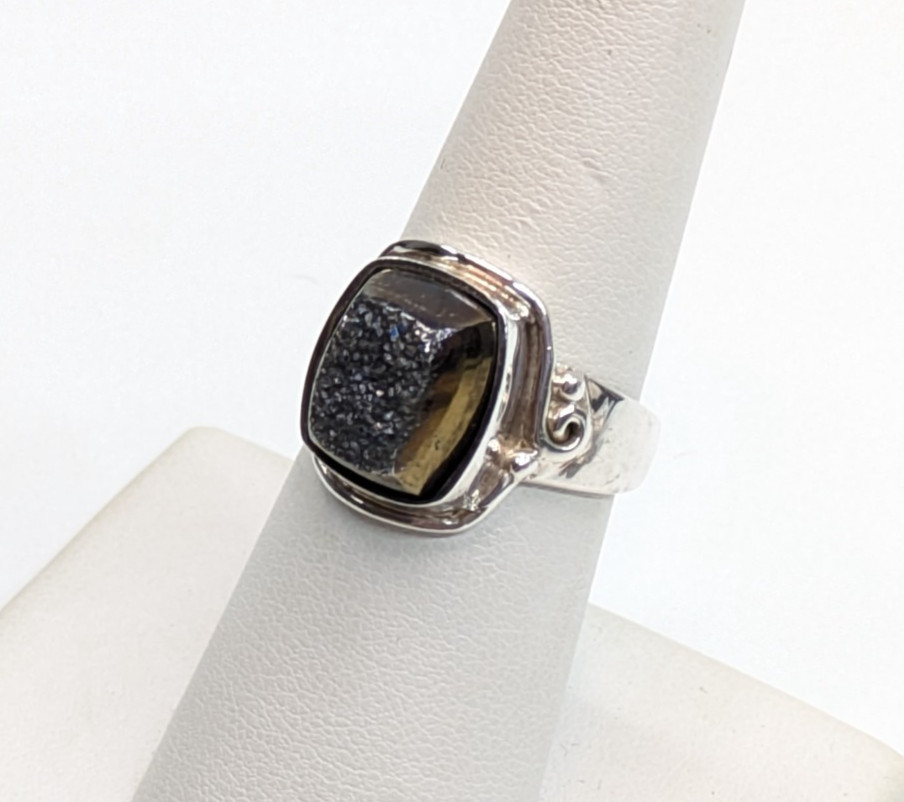 Sajen Sterling Silver 925 Smokey Druzy Quartz Geode Stone Sz 7 Ring