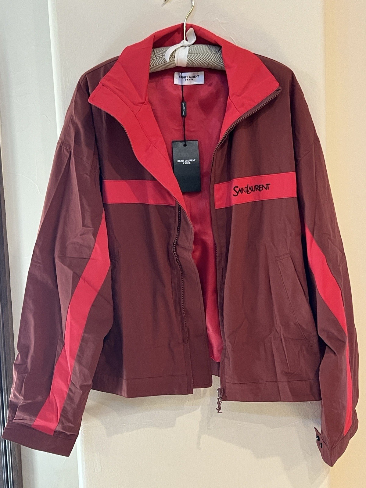 Saint Laurent YSL Windbreaker Tech Jacket Size L Red Burgundy Rust Full Zip NWT