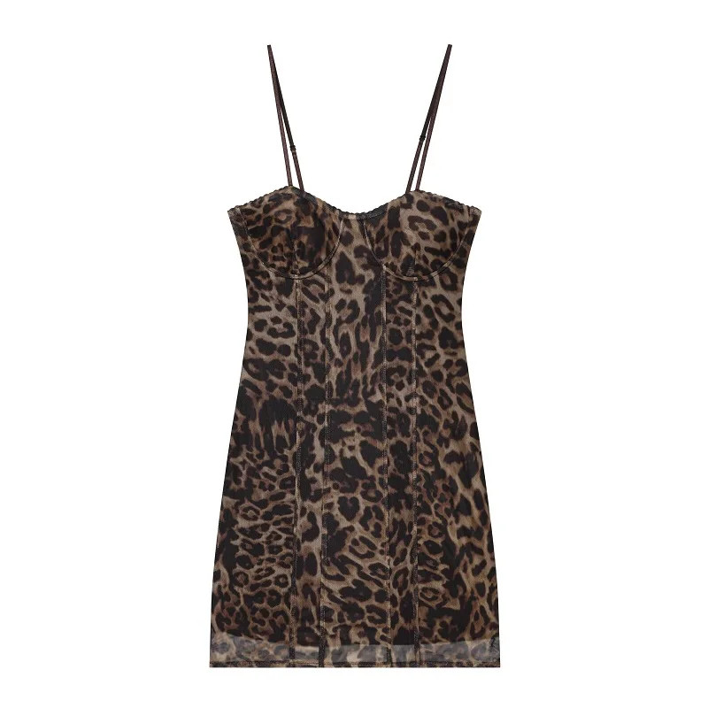HXAO Animal Print Mini Dress Slip Corset Mesh Women\'s Vintage Bodycon Leop