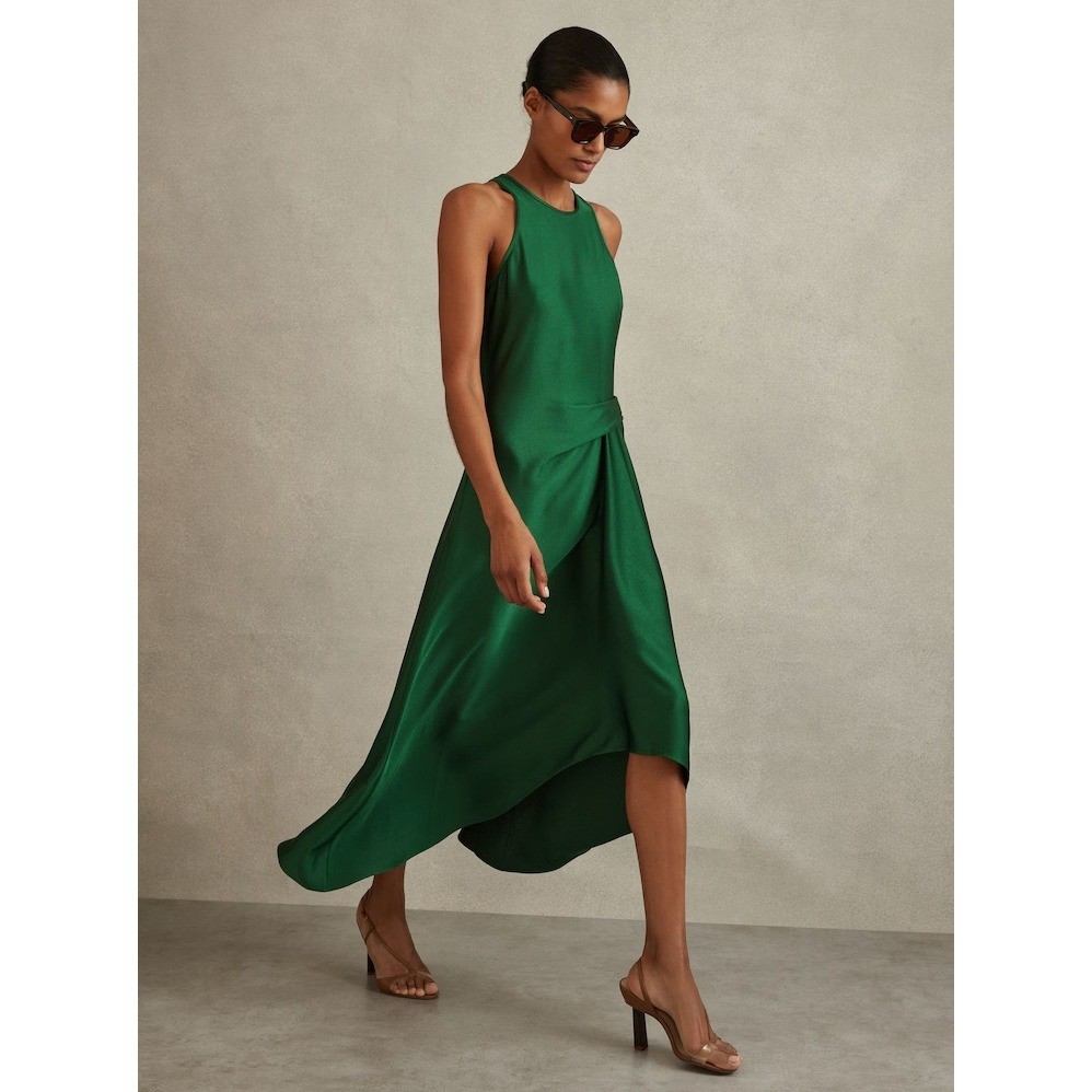 Reiss Micah Satin Drape Front Midi Dress Size 10 Emerald Green Luxury Holiday