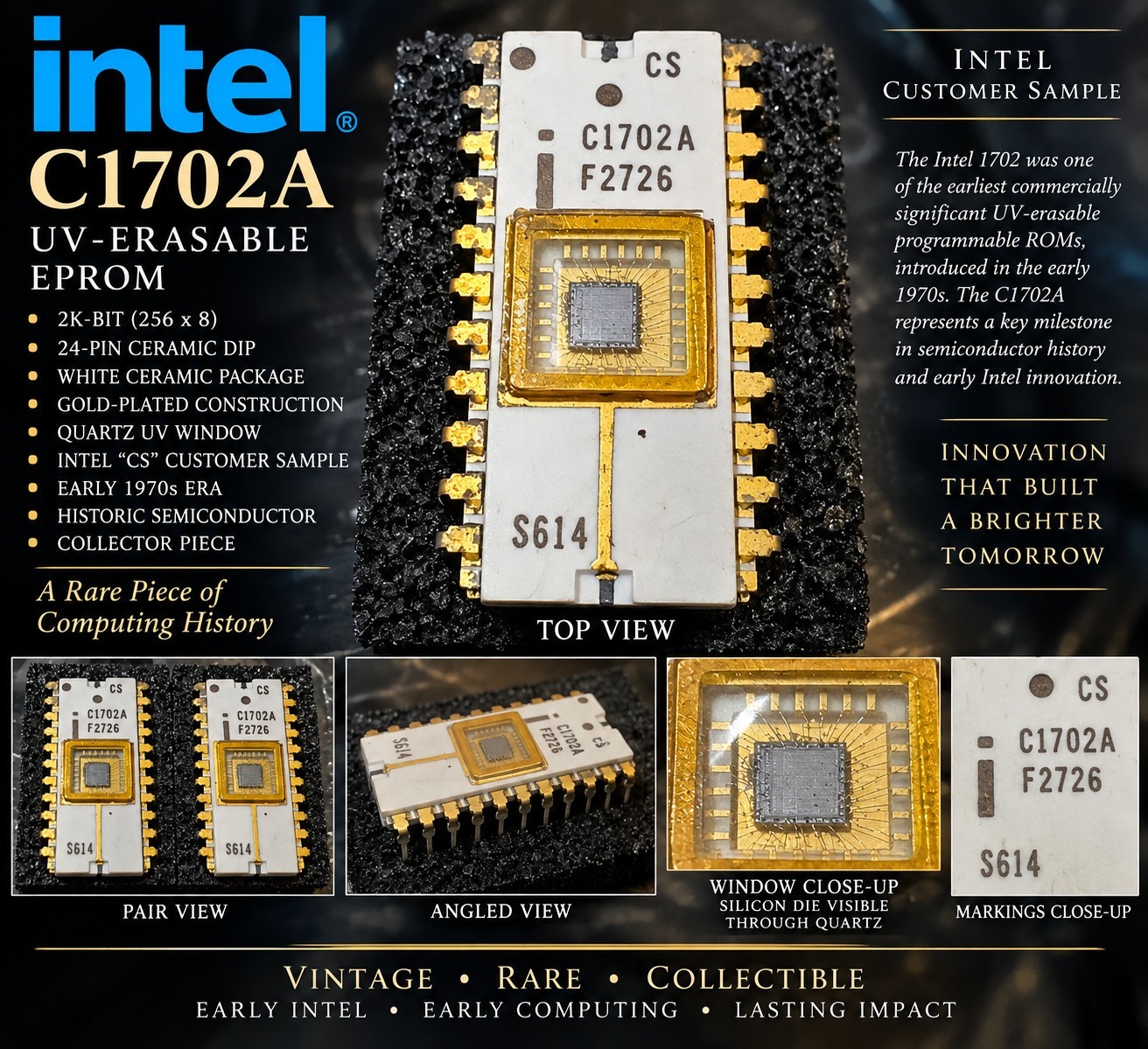 Intel C1702A CS Customer Sample 1702 EPROM White Ceramic Gold Vintage IC