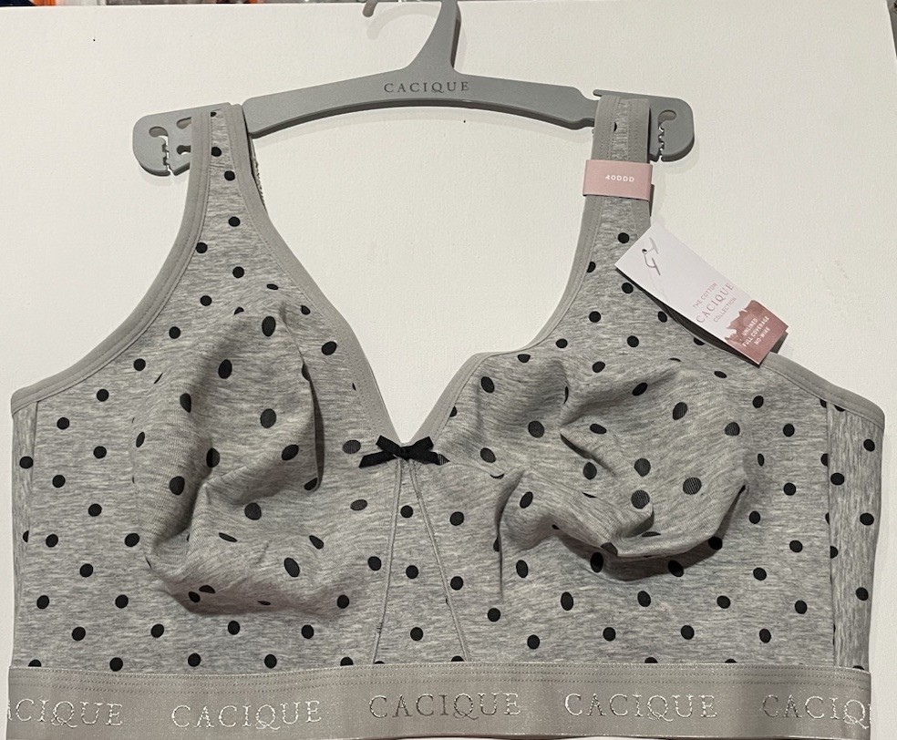 Cacique Women\'s Wireless Plus Full Coverage Bra Grey Polka Dot NWT 44DDD