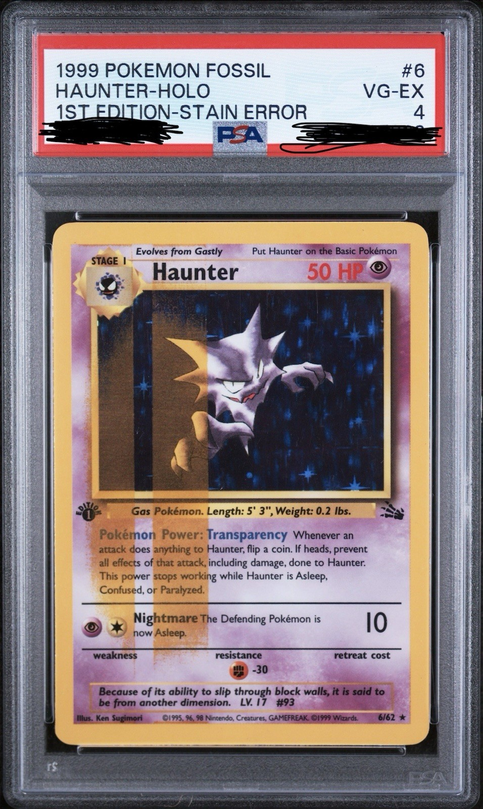 1st Ed. Fossil Haunter Holo – Severe Yellow Stain Error (Rare 2-Bar Stain)