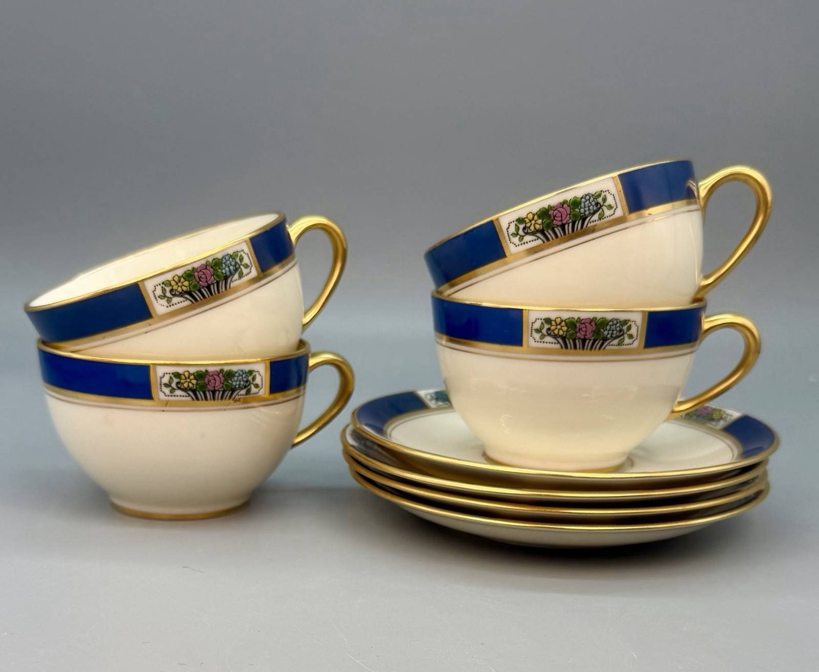 Lenox Meadowbrook Set 4 Cups & Saucers Bone China Floral Art Deco Green Stamp