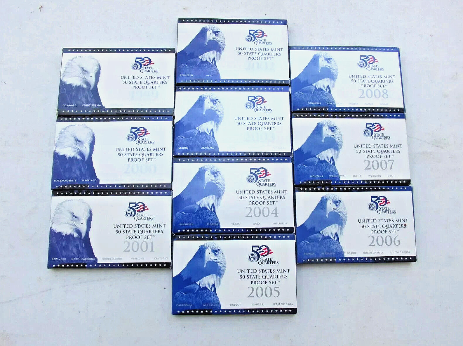 1999-2008  Clad Quarter Proof Sets. 10 sets ALL 50 state quarters.  w/ Boxes COA