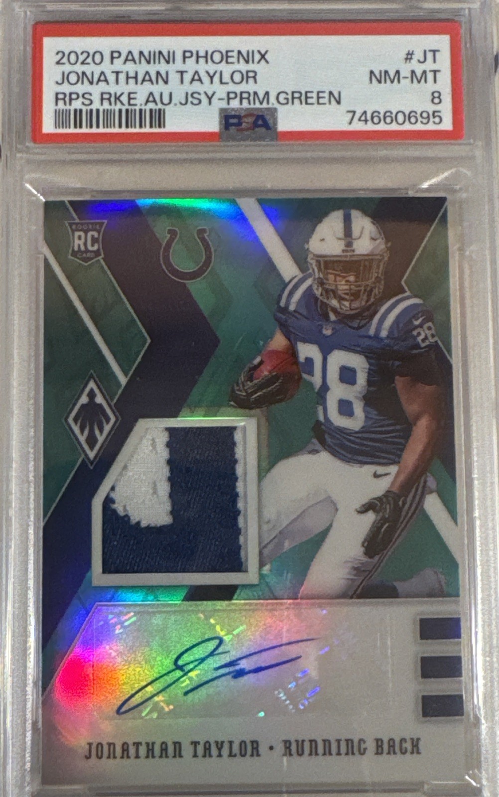 2020 Panini Phoenix Jonathan Taylor #JT Rookie Auto 2 Color Patch 6/20 PSA 8