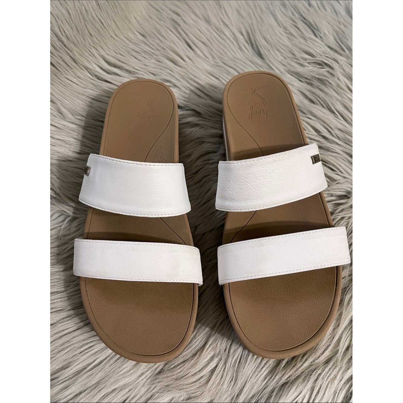 Reef Women\'s White Double-Strap Slide Sandals with Tan Footbed