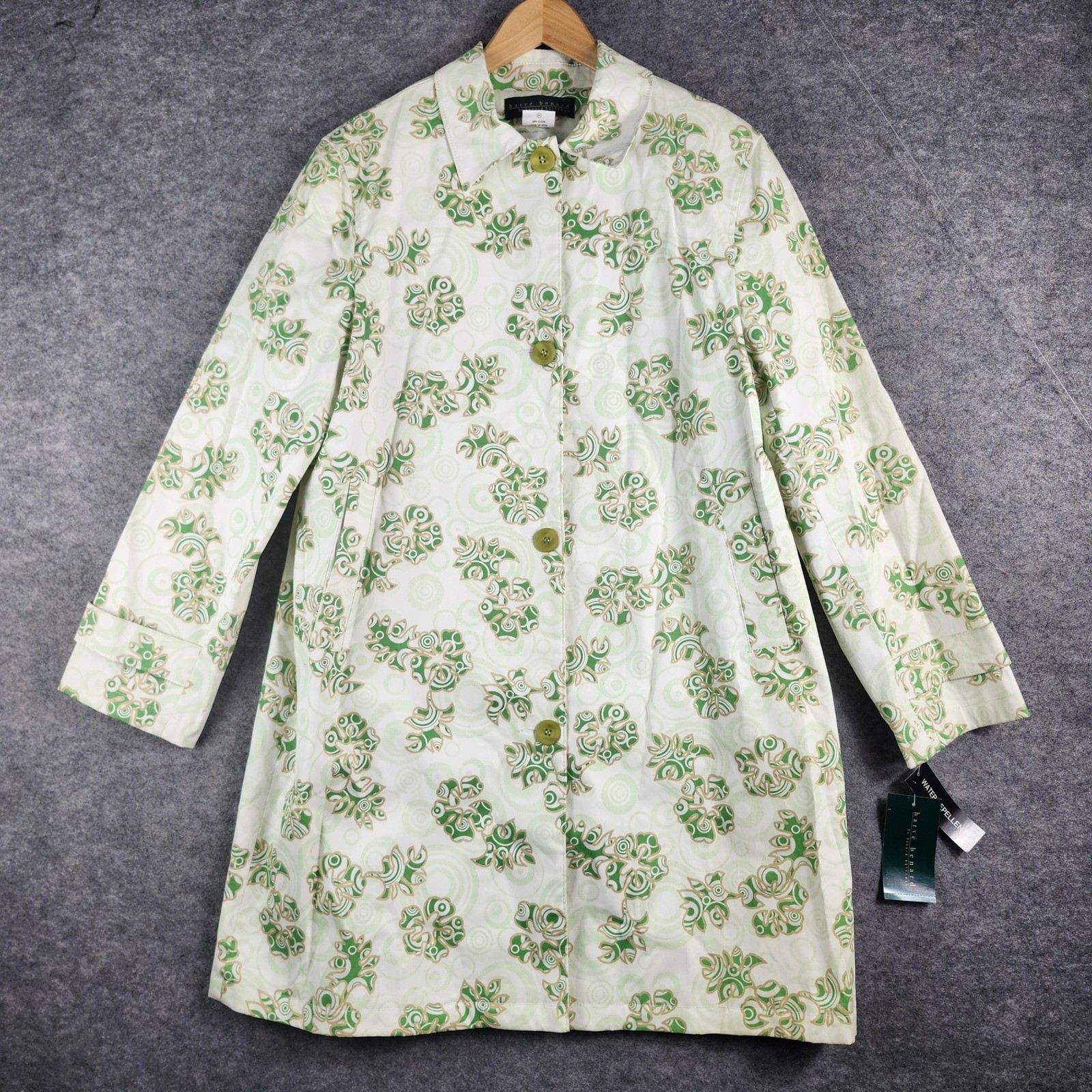 VTG Harve Benard Holtzman Rain Trench Coat Women 16 Green Floral NWT Retail $160