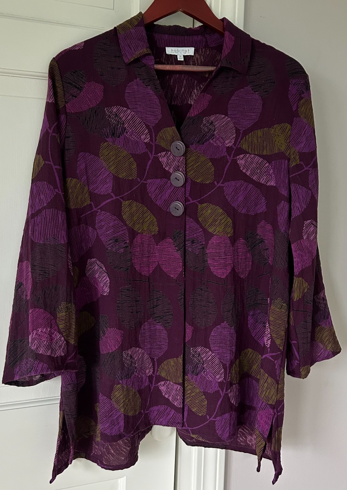 Habitat Purple Leaf Print Button Tunic Swing Top Size Medium Rayon Blend