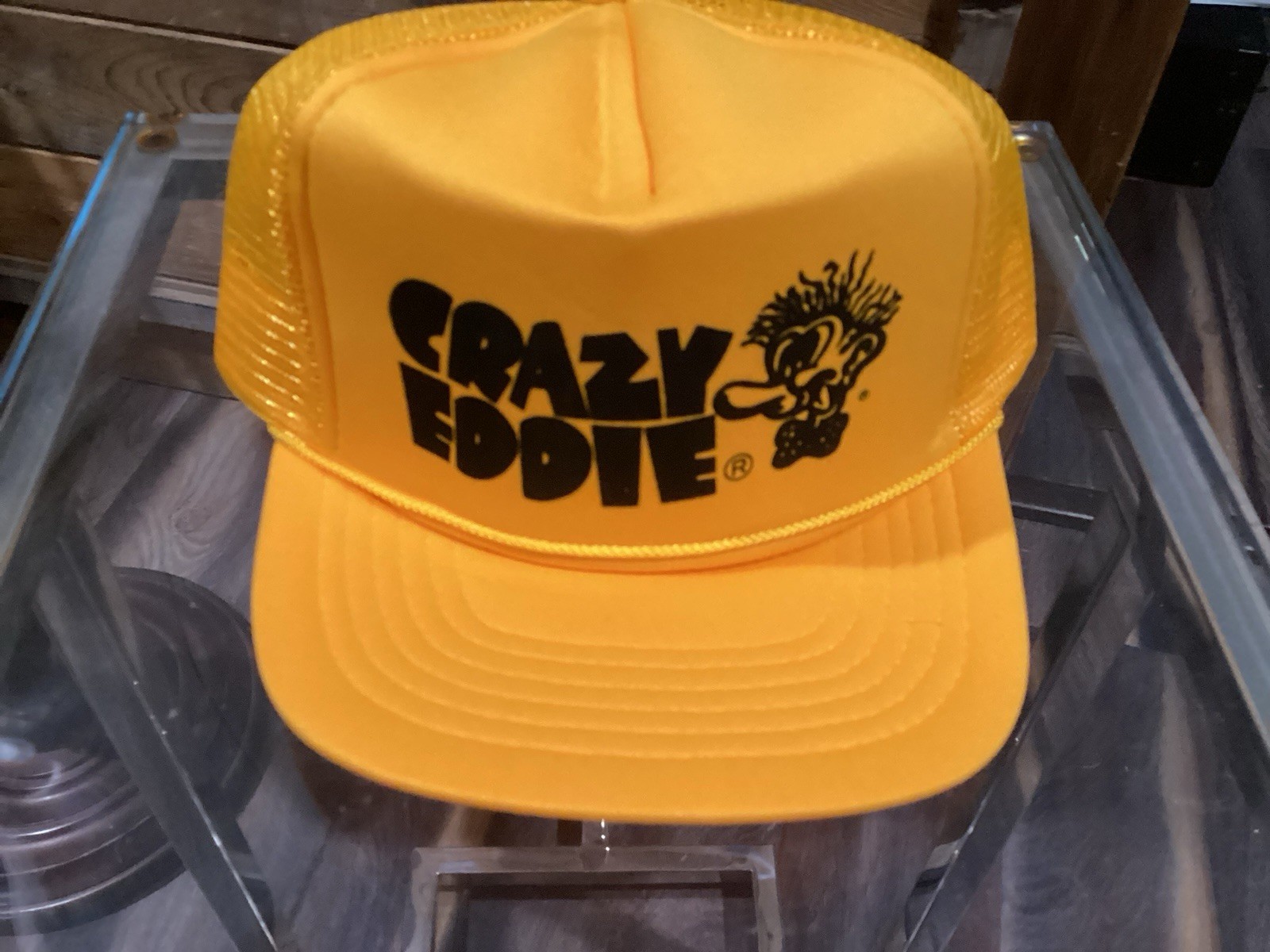 Vintage Crazy Eddie Eddies Snapback Trucker Baseball Promo Mesh Hat Cap Yellow