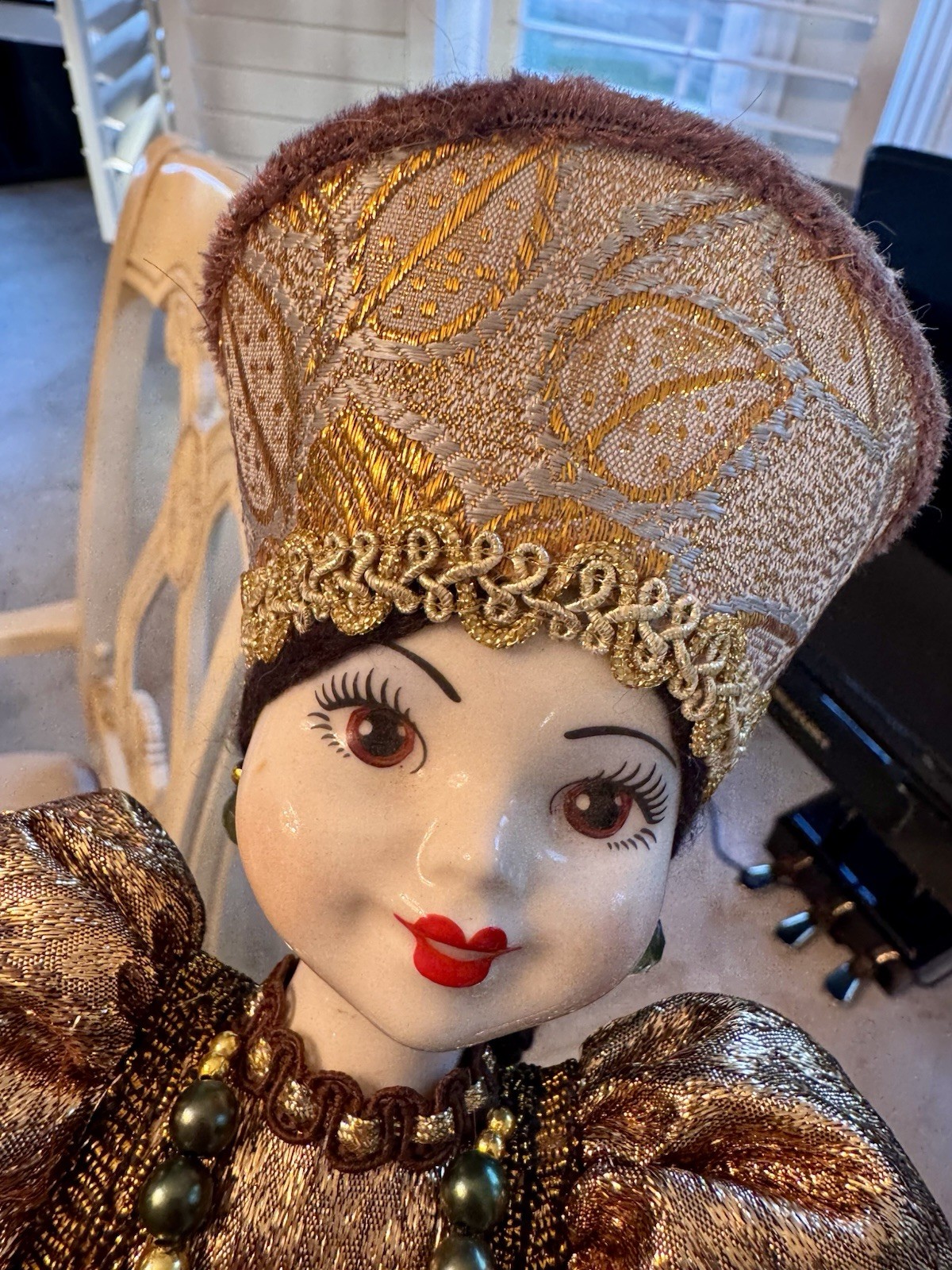 Vintage 19” Russian Folk Costume Porcelain Doll Kokoshnik Brocade Traditional