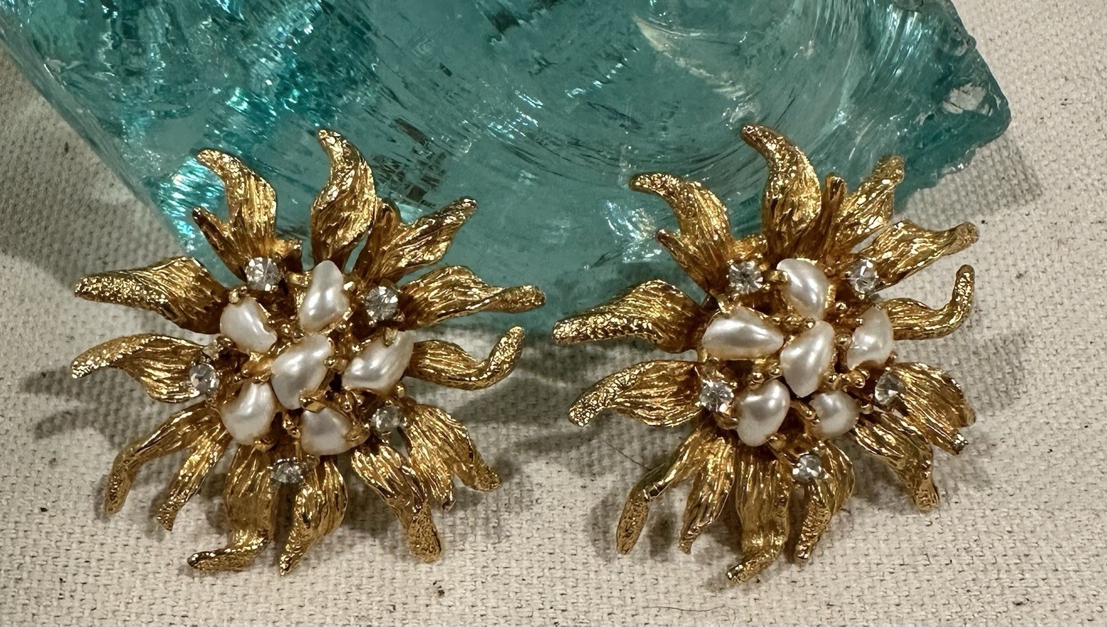 Vintage Boucher Golden Sunfire Faux Pearl Clip On Earrings Signed & Numbered