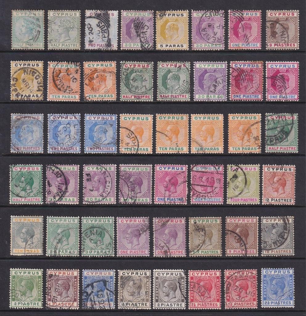 Cyprus QV, EDVII, GV 1881 - 1925 Stamps to 18 Piastres Used. Cat approx £600