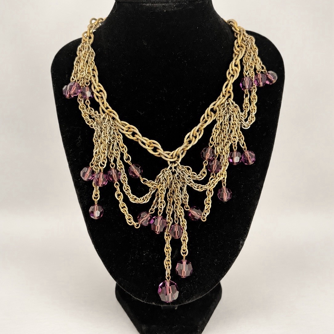 Vintage Signed Napier Purple Bead Multi Chain Cascade Bib Statement Necklace