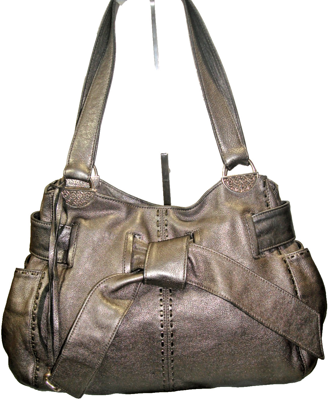 Vtg Brighton Cleo Metallic Pewter Leather Belt/Bow Whip-Stitch Shoulder Bag EUVC