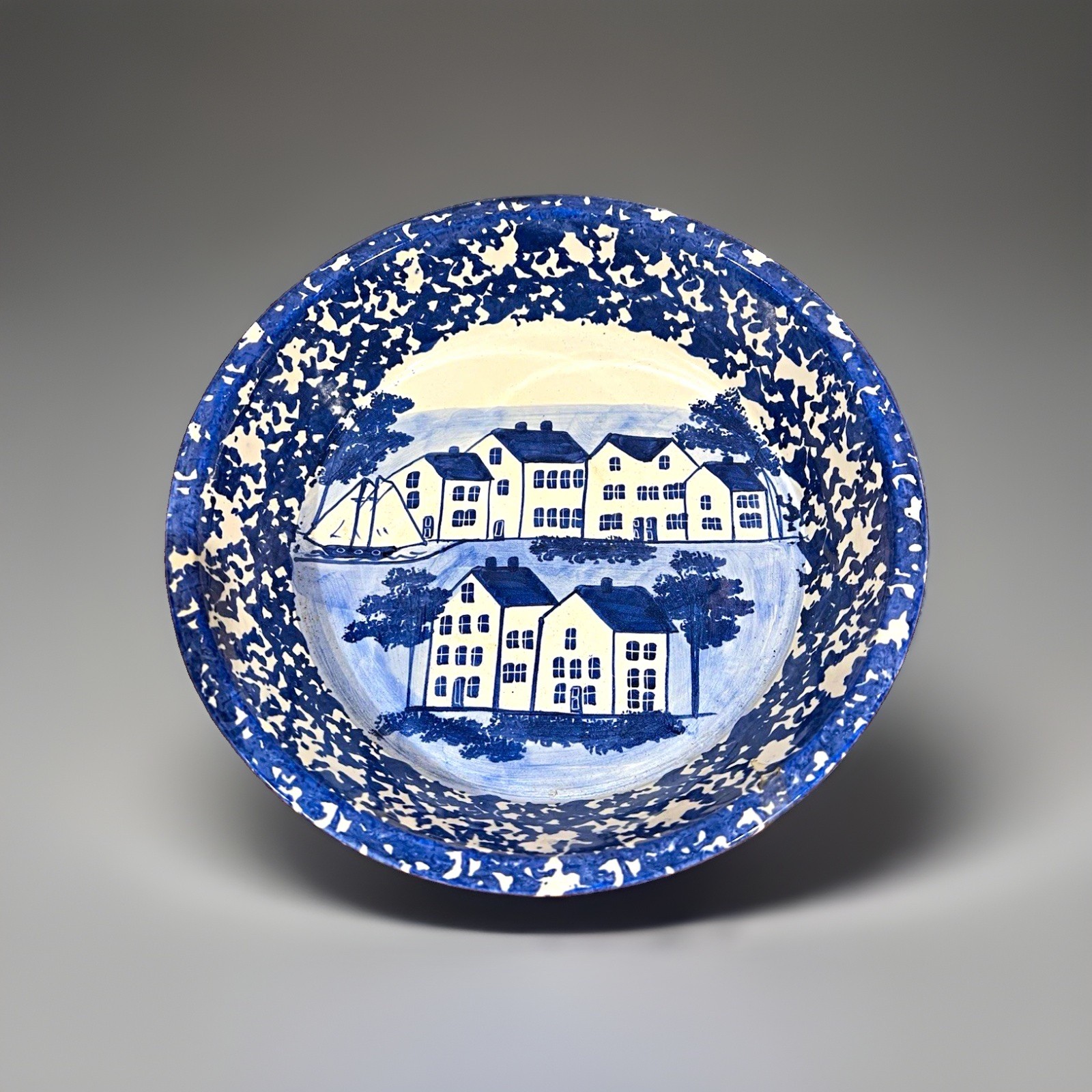 Shard Pottery Maine Hand Painted Coastal Village Blue White Ceramic Bowl 10\ Shard Pottery Maine Hand Painted Coastal Village Blue White Ceramic Bowl 10\