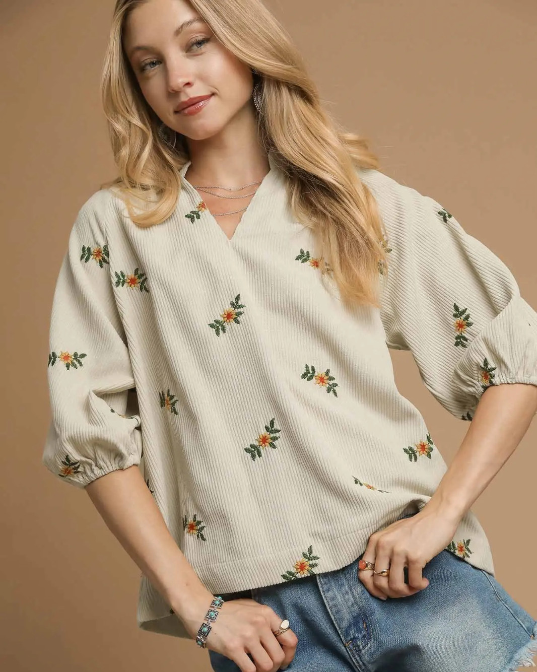 Umgee Women\'s Embroidered V-Neck 3/4 Sleeve Top in Cream
