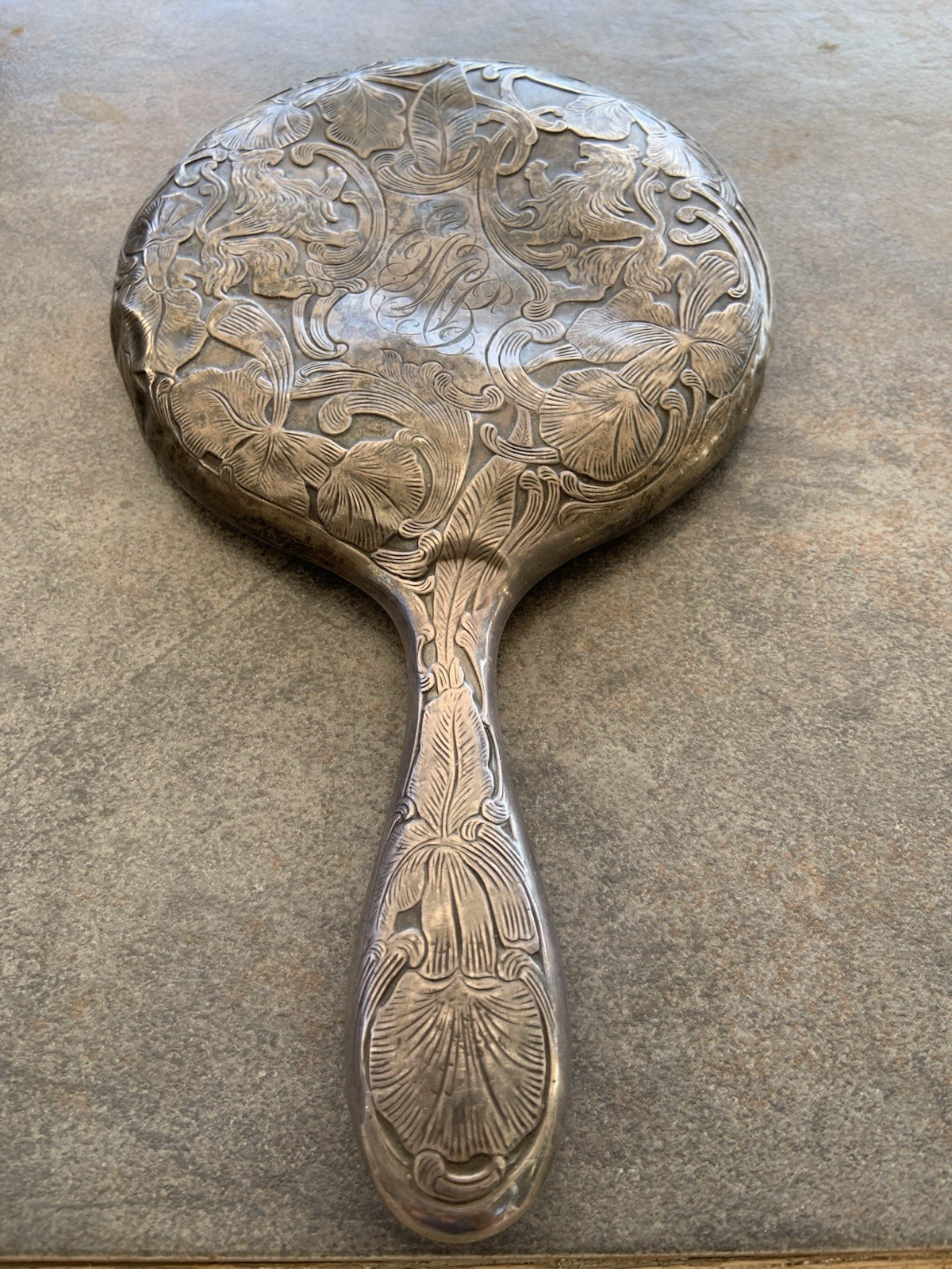Antique Sterling Silver 925 Floral & Lion Engraved Hand Mirror Monogram EMB 9 in