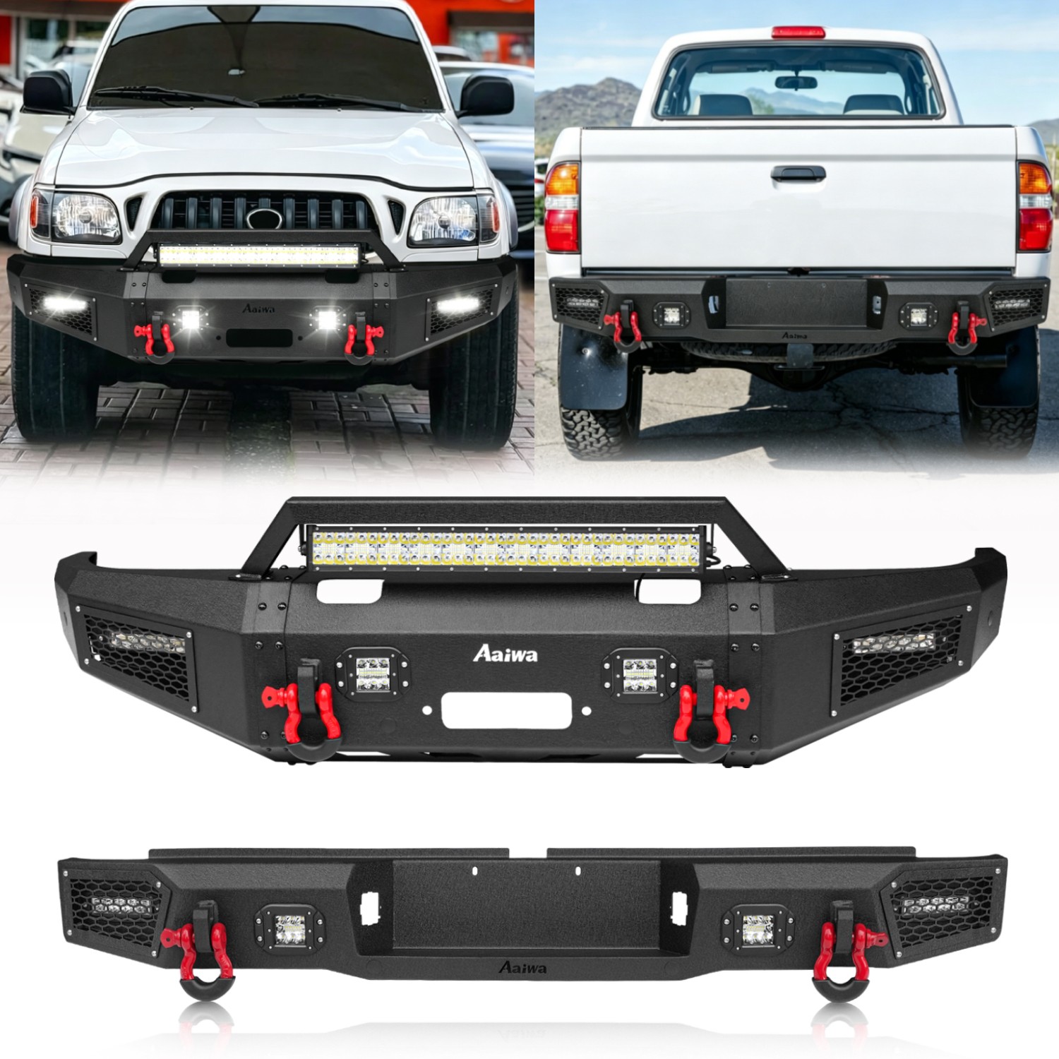 AAIWA Front Rear Bumper Fits 1995-2004 Toyota Tacoma w/Winch Plate&Light&D-Rings