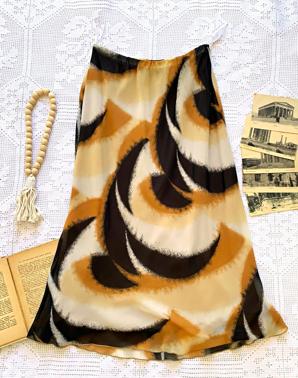 Y2K Vintage Abstract Print Midi Skirt / Vintage Brown & Cream Skirt