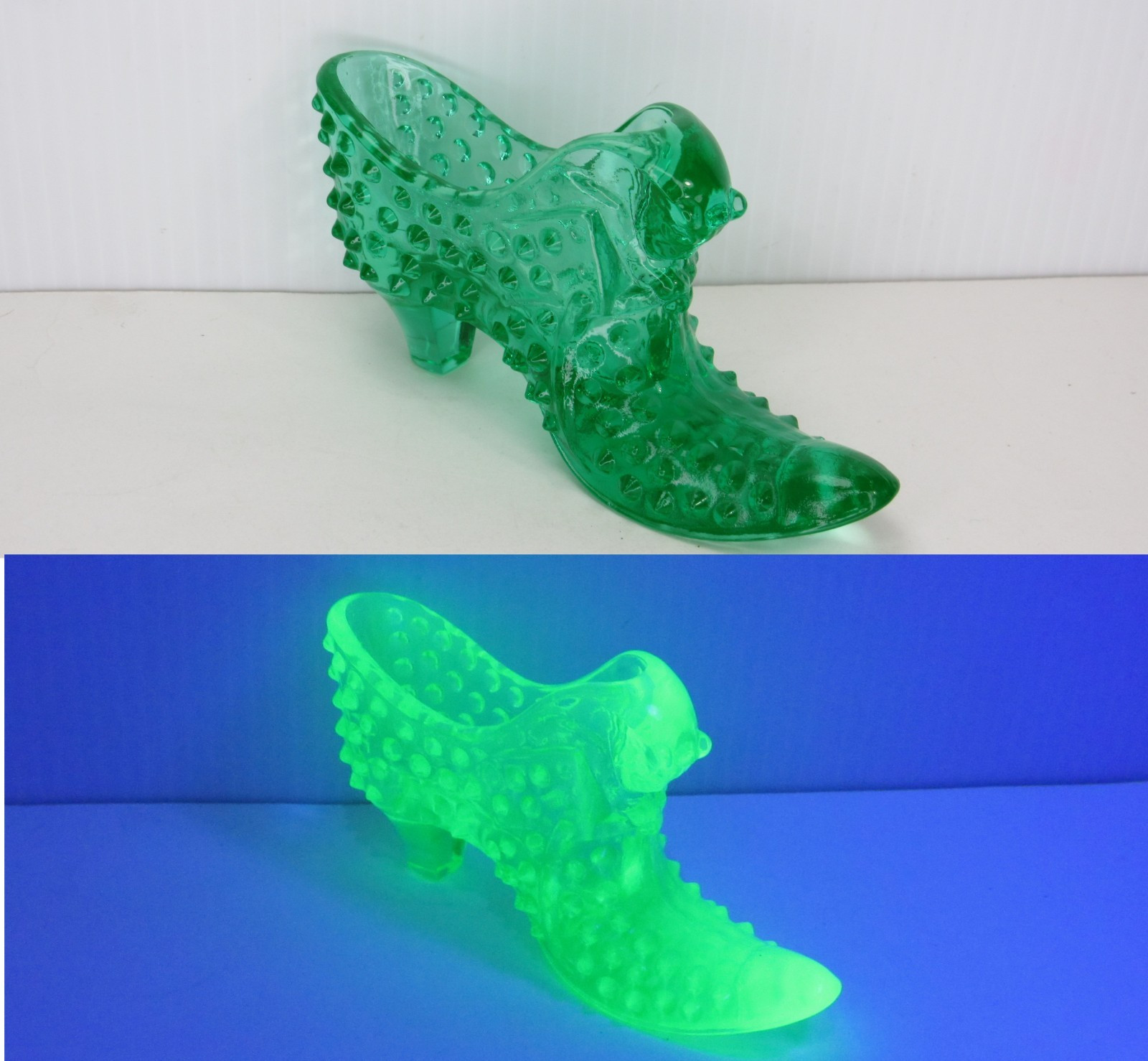 RARE Vtg Fenton Uranium UV Glass Slipper Shoe Boot GLOWS Green Hobnail Cat Head