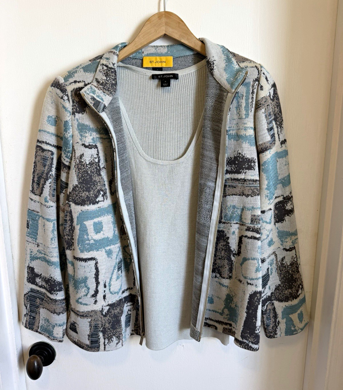 St. John Collection Abstract Geometric Knit Zip Jacket & Ribbed Tank Set M & L