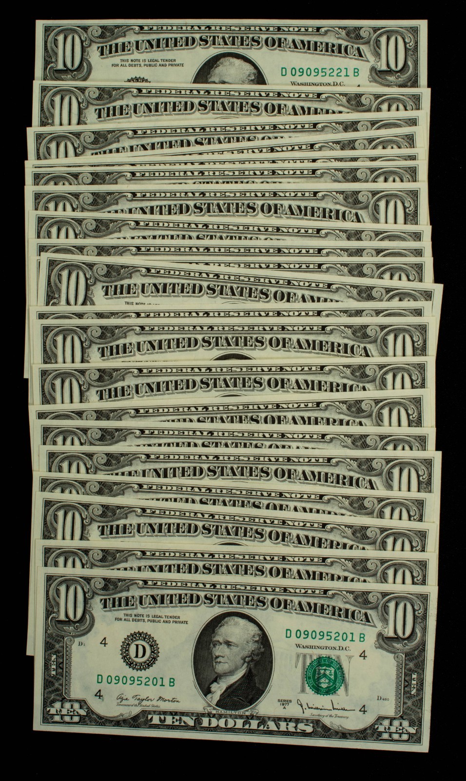 21 Consecutive 1977A $10 FRN US Federal Reserve Notes - FR2024D - UNC - CA2355