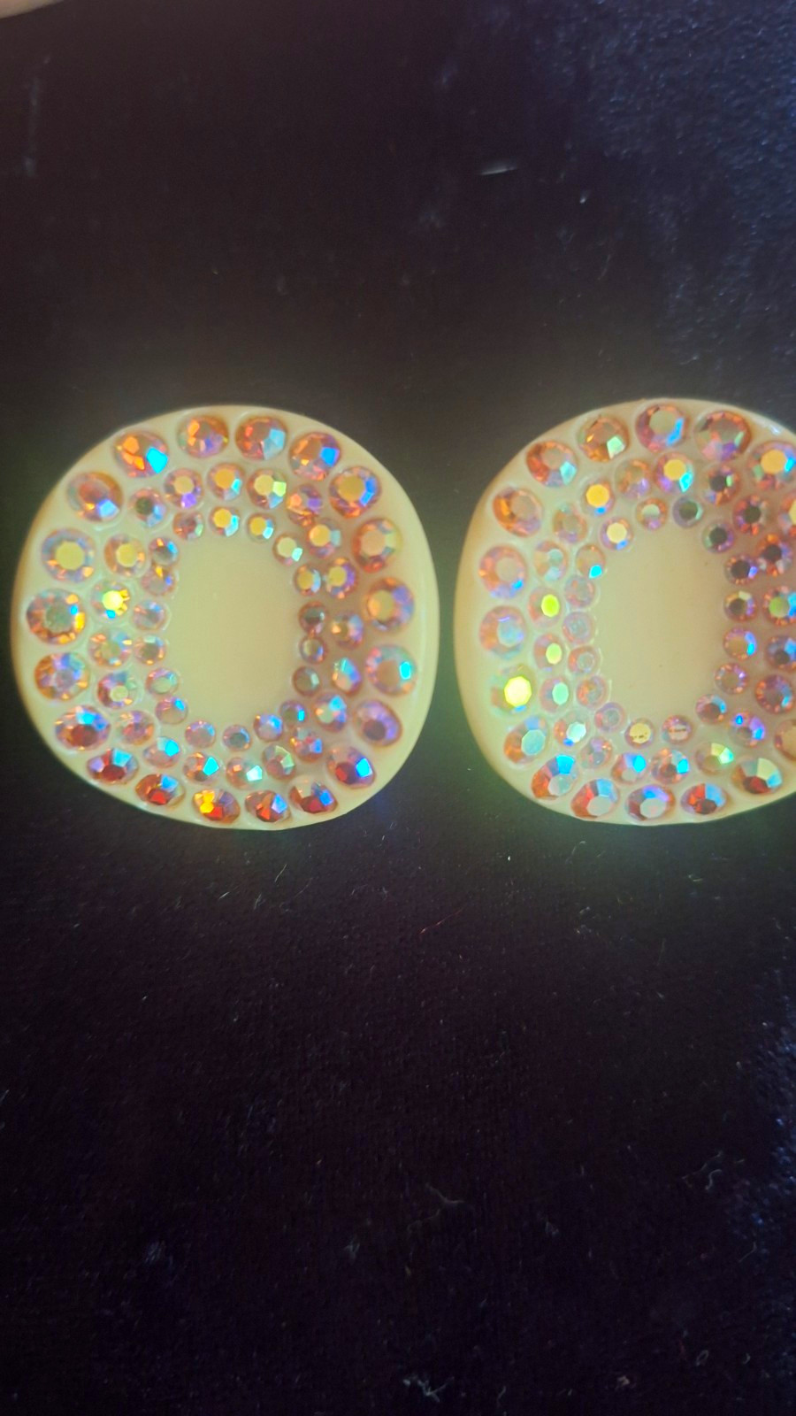 Vintage 1950s 60s Cream Thermoset AB Rhinestone Clip On Earrings UV Reactive