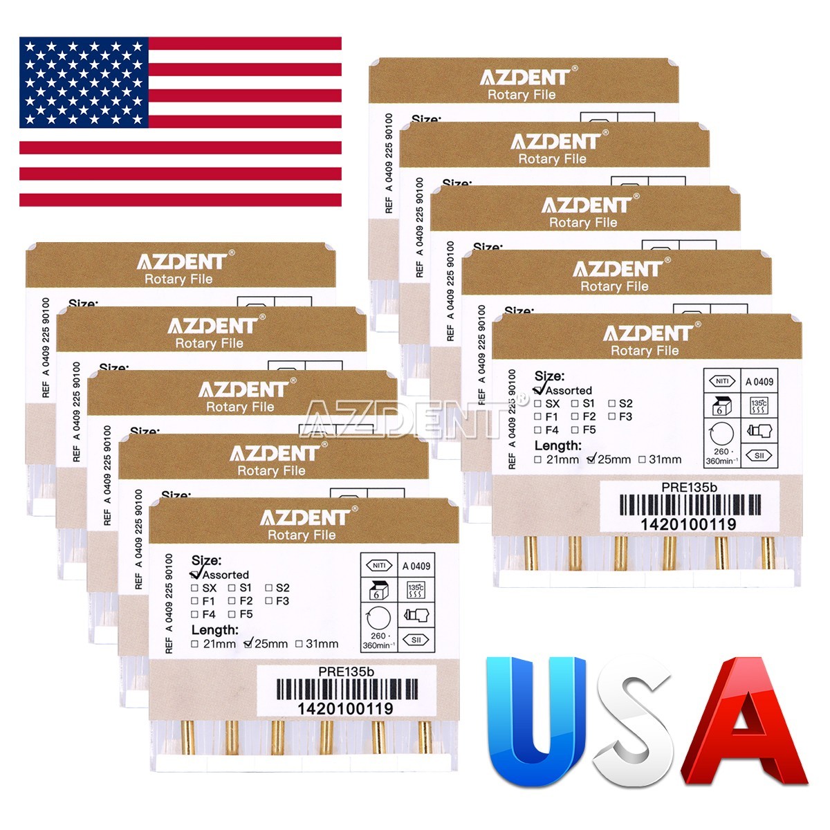 1-100X AZDENT Dental Endodontic 25mm NITI Endo Rotary File Gold Taper Engine Use