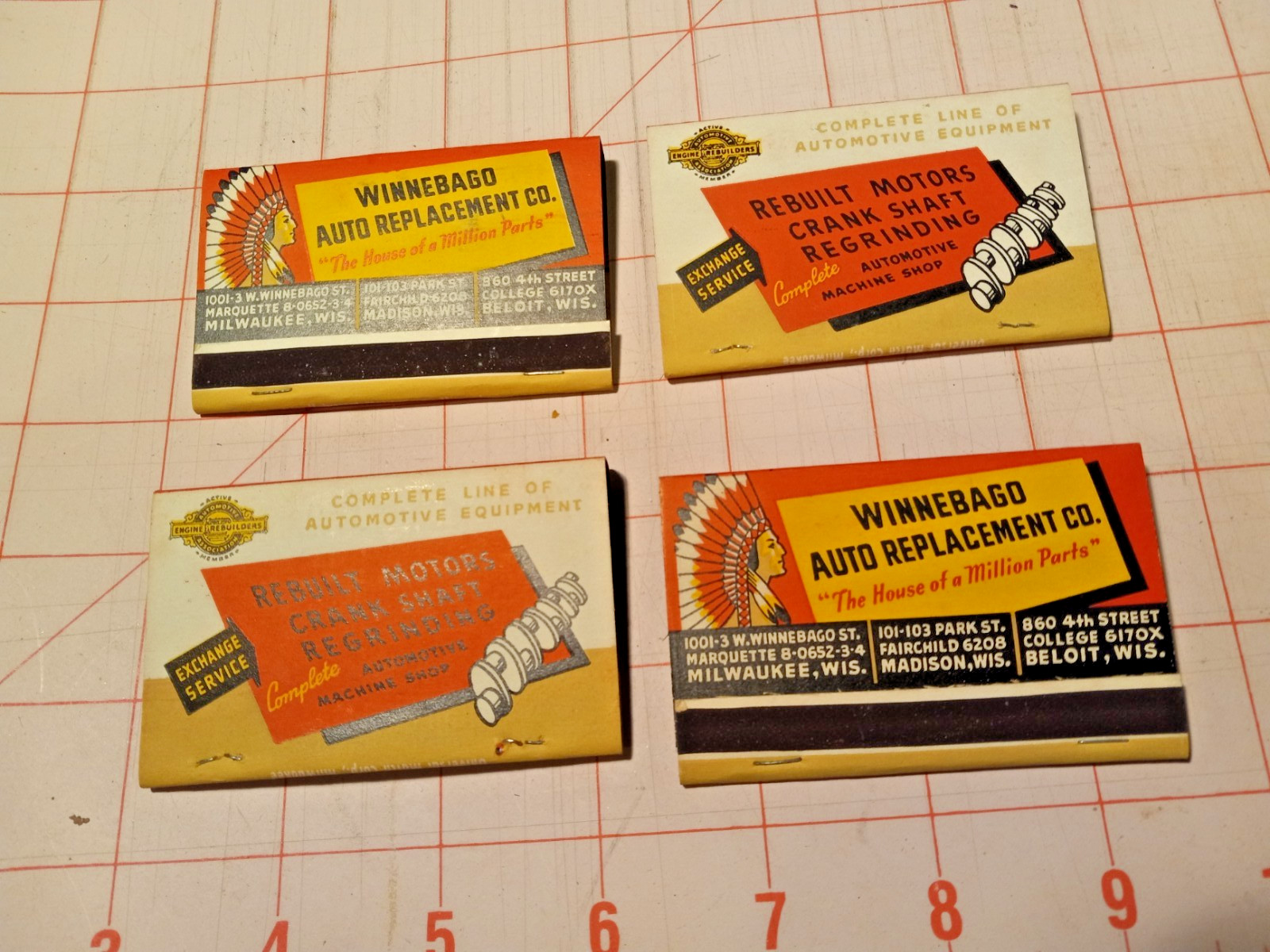 WB442 Matchbook Cover Wide Winnebago Auto Replacement Co Milwaukee Madison WI