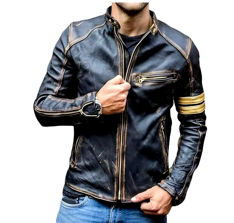 Men\'s Motorcycle Biker Leather Jacket Distressed Café Racer Genuine Lambskin